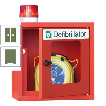 Defibrillatorenschrank mit akustischem und optischem Alarm - 490x400x220 mm (HxBxT) - Sichtfenster - resedagrün RAL 6011 Resedagrün | RAL 6011 Resedagrün