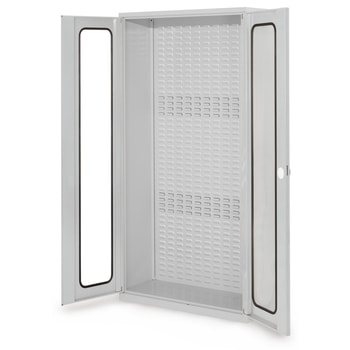 Systemschrank - Magazinschrank mit Schlitzplatten-Rückwand - Türen mit Sichtfenster - 1950 x 1000 x 410 mm (HxBxT) Sichtfenstertüren