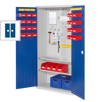 Werkzeugschrank - Türen mit Schlitzplatten - 2 Fachböden - 1.950 x 1.000 x 410 mm (HxBxT) - Korpusfarbe lichtgrau - Türfarbe enzianblau RAL 5010 Enzianblau