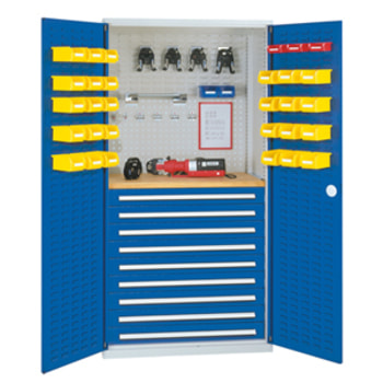 Werkzeugschrank - Schlitzplatten - 2 Schubladen - 3 Böden - grau/blau 3 Stk. | 2 Stk. | RAL 5010 Enzianblau | nein