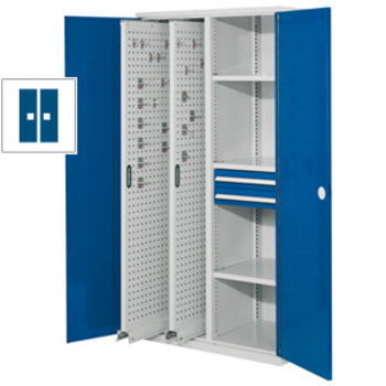 Werkzeugschrank - 2 Vertikalauszüge, 2 Schubladen, 3 Fachböden - Frontfarbe enzianblau, Türen geschlossen, 1.950 x 1.000 x 600 mm (HxBxT) RAL 5010 Enzianblau | geschlossen