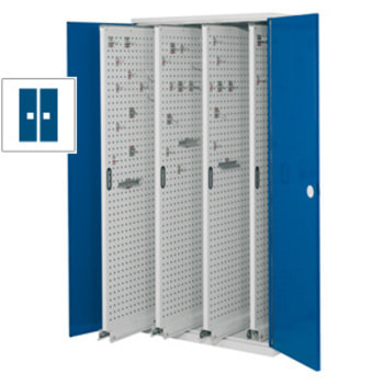 Werkzeugschrank - 4 Vertikalauszüge mit Lochplatten - Frontfarbe enzianblau, Türen geschlossen, 1.950 x 1.000 x 600 mm (HxBxT) RAL 5010 Enzianblau | geschlossen