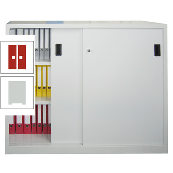 Schiebetürenschrank - Vollblechtüren - 1.200x1.500x600 mm (HxBxT) - 4 Böden, verzinkt - Zylinderschloss - lichtgrau/feuerrot RAL 3000 Feuerrot | RAL 7035 Lichtgrau