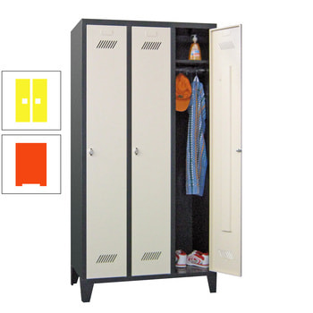 Spindschrank m. Füßen - Höhe 185 cm - 3 Abteile a 30 cm - Drehriegel - reinorange/zinkgelb RAL 1018 Zinkgelb | RAL 2004 Reinorange