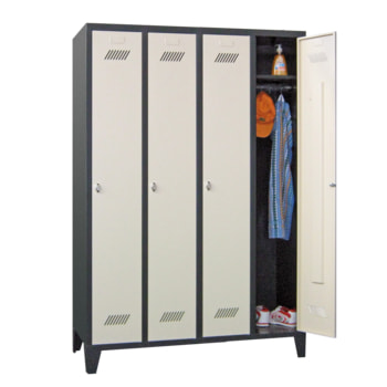 Spindschrank m. Füßen - Höhe 185 cm - 4 Abteile a 30 cm - Drehriegel - feuerrot/anthrazitgrau RAL 7016 Anthrazitgrau | RAL 3000 Feuerrot