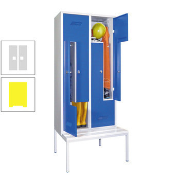 Z-Kleiderschrank m. Sitzbankuntergestell - Höhe 215 cm - 4 Fächer - Drehriegel - zinkgelb/lichtgrau RAL 7035 Lichtgrau | RAL 1018 Zinkgelb