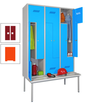 Z-Kleiderschrank m. Sitzbankuntergestell - Höhe 215 cm - 6 Fächer - Zylinderschloss - reinorange/rubinrot RAL 3003 Rubinrot | RAL 2004 Reinorange