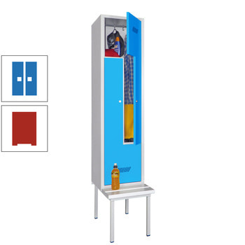 Z-Kleiderschrank m. Sitzbankuntergestell - Höhe 215 cm - 2 Fächer - Zylinderschloss - feuerrot/himmelblau RAL 5015 Himmelblau | RAL 3000 Feuerrot