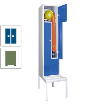 Z-Kleiderschrank m. Sitzbankuntergestell - Höhe 215 cm - 2 Fächer - Drehriegel - resedagrün/enzianblau RAL 5010 Enzianblau | RAL 6011 Resedagrün