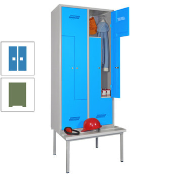 Z-Kleiderschrank m. Sitzbankuntergestell - Höhe 215 cm - 4 Fächer - Zylinderschloss - resedagrün/lichtblau RAL 5012 Lichtblau | RAL 6011 Resedagrün