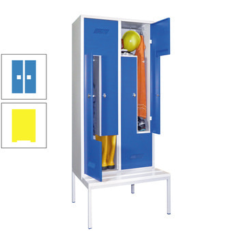 Z-Kleiderschrank m. Sitzbankuntergestell - Höhe 215 cm - 4 Fächer - Drehriegel - zinkgelb/lichtblau RAL 5012 Lichtblau | RAL 1018 Zinkgelb