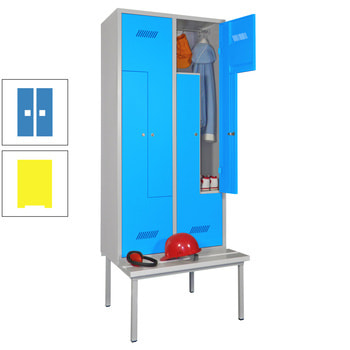 Z-Kleiderschrank m. Sitzbankuntergestell - Höhe 215 cm - 4 Fächer - Zylinderschloss - zinkgelb/lichtblau RAL 5012 Lichtblau | RAL 1018 Zinkgelb