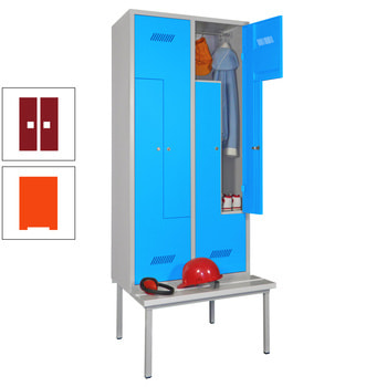 Z-Kleiderschrank m. Sitzbankuntergestell - Höhe 215 cm - 4 Fächer - Zylinderschloss - reinorange/rubinrot RAL 3003 Rubinrot | RAL 2004 Reinorange