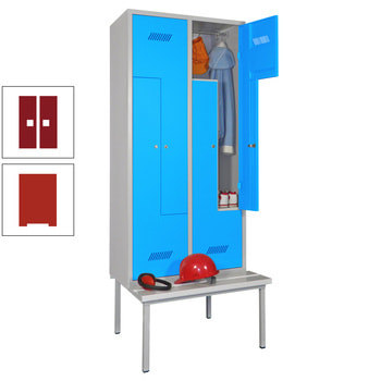 Z-Kleiderschrank m. Sitzbankuntergestell - Höhe 215 cm - 4 Fächer - Zylinderschloss - feuerrot/rubinrot RAL 3003 Rubinrot | RAL 3000 Feuerrot