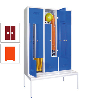 Z-Kleiderschrank m. Sitzbankuntergestell - Höhe 215 cm - 6 Fächer - Drehriegel - reinorange/rubinrot RAL 3003 Rubinrot | RAL 2004 Reinorange