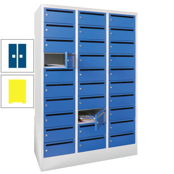 Postverteilerschrank - Schließfachschrank - 3 Abteile a 30 cm - 30 Fächer - zinkgelb/enzianblau RAL 5010 Enzianblau | RAL 1018 Zinkgelb