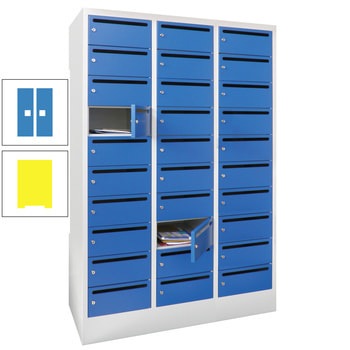 Postverteilerschrank - Schließfachschrank - 3 Abteile a 30 cm - 30 Fächer - zinkgelb/lichtblau RAL 5012 Lichtblau | RAL 1018 Zinkgelb
