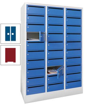 Postverteilerschrank - Schließfachschrank - 3 Abteile a 30 cm - 30 Fächer - rubinrot/enzianblau RAL 5010 Enzianblau | RAL 3003 Rubinrot