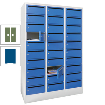Postverteilerschrank - Schließfachschrank - 3 Abteile a 30 cm - 30 Fächer - enzianblau/resedagrün RAL 6011 Resedagrün | RAL 5010 Enzianblau