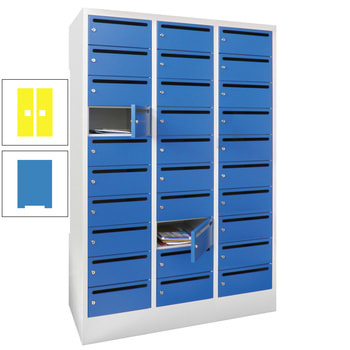 Postverteilerschrank - Schließfachschrank - 3 Abteile a 30 cm - 30 Fächer - lichtblau/zinkgelb RAL 1018 Zinkgelb | RAL 5012 Lichtblau