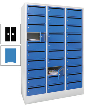 Postverteilerschrank - Schließfachschrank - 3 Abteile a 30 cm - 30 Fächer - lichtblau/tiefschwarz RAL 9005 Tiefschwarz | RAL 5012 Lichtblau