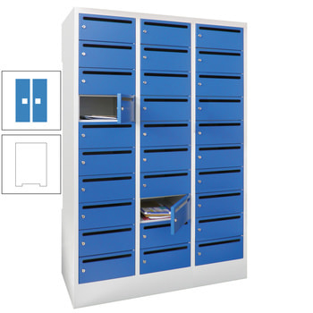 Postverteilerschrank - Schließfachschrank - 3 Abteile a 30 cm - 30 Fächer - reinweiß/lichtblau RAL 5012 Lichtblau | RAL 9010 Reinweiß
