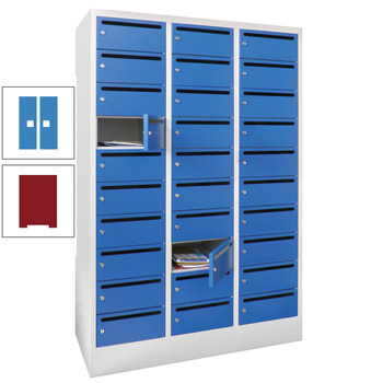 Postverteilerschrank - Schließfachschrank - 3 Abteile a 30 cm - 30 Fächer - rubinrot/lichtblau RAL 5012 Lichtblau | RAL 3003 Rubinrot