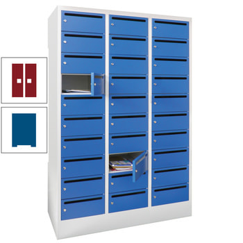 Postverteilerschrank - Schließfachschrank - 3 Abteile a 30 cm - 30 Fächer - enzianblau/rubinrot RAL 3003 Rubinrot | RAL 5010 Enzianblau