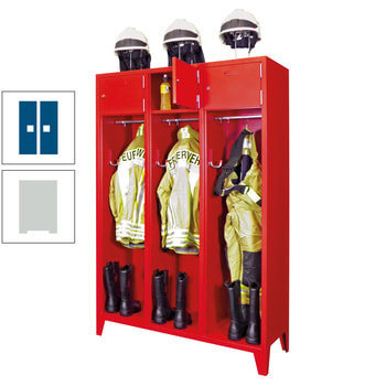Feuerwehrschrank - 3 Abteile - Ablagefach mit Tür, Etikettenrahmen - 2.100 x 1.230 x 500 mm (HxBxT) - lichtgrau/enzianblau RAL 5010 Enzianblau | RAL 7035 Lichtgrau