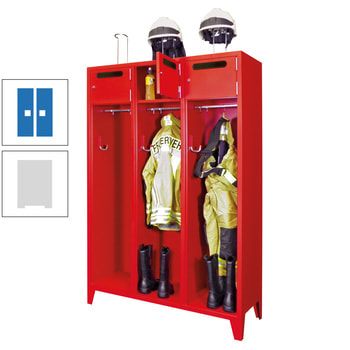 Feuerwehrschrank - 3 Abteile - Ablagefach mit Tür, Einwurfschlitz - 2.100 x 1.230 x 500 mm (HxBxT) - lichtgrau/himmelblau RAL 5015 Himmelblau | RAL 7035 Lichtgrau