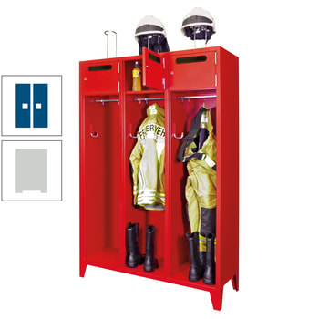 Feuerwehrschrank - 4 Abteile - Ablagefach mit Tür, Einwurfschlitz - 2.100 x 1.630 x 500 mm (HxBxT) - lichtgrau/enzianblau RAL 5010 Enzianblau | RAL 7035 Lichtgrau