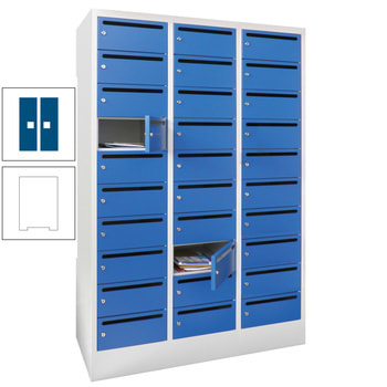 Postverteilerschrank - Schließfachschrank - 3 Abteile a 30 cm - 30 Fächer - reinweiß/enzianblau RAL 5010 Enzianblau | RAL 9010 Reinweiß
