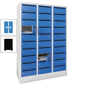 Postverteilerschrank - Schließfachschrank - 3 Abteile a 30 cm - 30 Fächer - tiefschwarz/lichtblau RAL 5012 Lichtblau | RAL 9005 Tiefschwarz