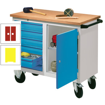 Mobile Werkbank - Werkstattwagen - 915 x 1.090 x 600 mm - 6 Schubladen und Schrankfach - zinkgelb/feuerrot RAL 3000 Feuerrot | RAL 1018 Zinkgelb