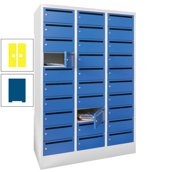 Postverteilerschrank - Schließfachschrank - 3 Abteile a 30 cm - 30 Fächer - enzianblau/zinkgelb RAL 1018 Zinkgelb | RAL 5010 Enzianblau