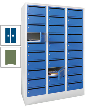 Postverteilerschrank - Schließfachschrank - 3 Abteile a 30 cm - 30 Fächer - resedagrün/enzianblau RAL 5010 Enzianblau | RAL 6011 Resedagrün