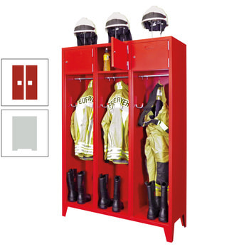 Feuerwehrschrank - 3 Abteile - Ablagefach mit Tür, Etikettenrahmen - 2.100 x 1.230 x 500 mm (HxBxT) - lichtgrau/feuerrot RAL 3000 Feuerrot | RAL 7035 Lichtgrau