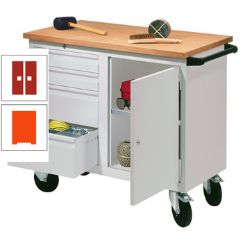 Mobile Werkbank - Werkstattwagen - 915 x 1.090 x 600 mm - 4 Schubladen und Schrankfach - reinorange/feuerrot RAL 3000 Feuerrot | RAL 2004 Reinorange