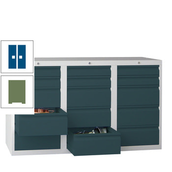 Schubladenschrank - 900x1.500 mm - 3 Schubladenreihen - 12x100 mm - 6x200 mm - Tragkraft 30 kg - resedagrün/enzianblau RAL 5010 Enzianblau | RAL 6011 Resedagrün