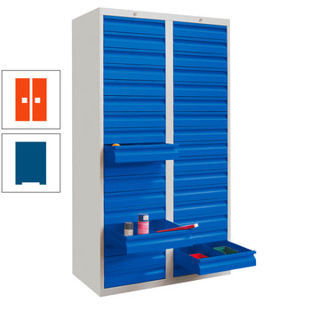 Schubladenschrank - 1.800x1.000 mm - 2 Schubladenreihen - 6x100 mm - 14x200 mm - Tragkraft 30 kg - enzianblau/reinorange RAL 2004 Reinorange | RAL 5010 Enzianblau