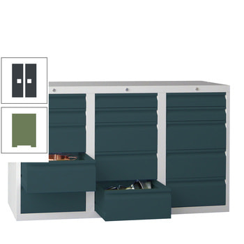 Schubladenschrank - 900x1.500 mm - 3 Schubladenreihen - 18x100 mm - 3x200 mm - Tragkraft 15 kg - resedagrün/anthrazitgrau RAL 7016 Anthrazitgrau | RAL 6011 Resedagrün