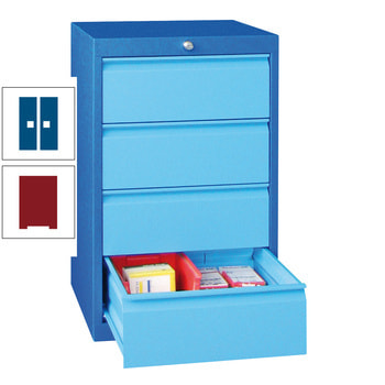 Werkzeug-Schubladenschrank - 800x500 mm - 1 Schubladenreihe - 2x100 mm, 4x125 mm - Tragkraft 50 kg - rubinrot/enzianblau RAL 5010 Enzianblau | RAL 3003 Rubinrot