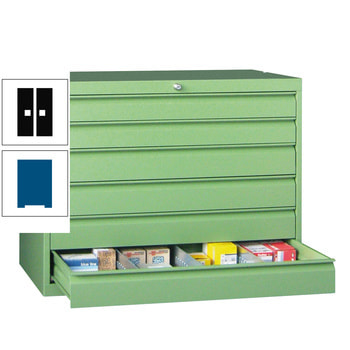 Werkzeug-Schubladenschrank - 800x1.023 mm - 1 Schubladenreihe - 2x75 mm, 1x150 mm, 2x200 mm - Tragkraft 50 kg - enzianblau/tiefschwarz RAL 9005 Tiefschwarz | RAL 5010 Enzianblau