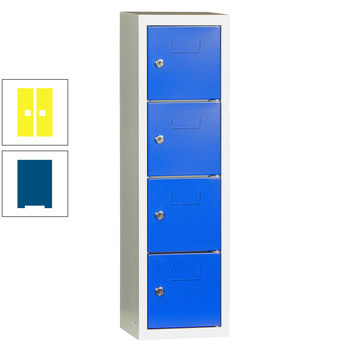 Schließfachsäule - 778 x 225 x 200 mm (HxBxT) - 4 Fächer - Türen mit Etikettenrahmen - enzianblau/zinkgelb RAL 1018 Zinkgelb | RAL 5010 Enzianblau