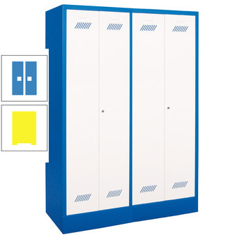 Spindschrank - 4 Fächer a 300 mm - 1.850x1.170x500 mm (HxBxT) - Sockel - Drehriegel - zinkgelb/lichtblau RAL 5012 Lichtblau | RAL 1018 Zinkgelb