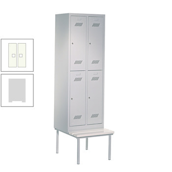 Spindschrank mit Sitzbank - 4 Fächer a 400 mm - 2.150x800x800 mm (HxBxT) - Zylinderschloss - lichtgrau/reinweiß RAL 9010 Reinweiß | RAL 7035 Lichtgrau