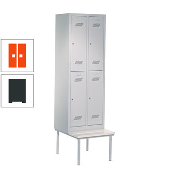 Spindschrank mit Sitzbank - 4 Fächer a 400 mm - 2.150x800x800 mm (HxBxT) - Drehriegel - anthrazitgrau/reinorange RAL 2004 Reinorange | RAL 7016 Anthrazitgrau