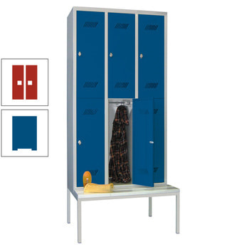 Spindschrank mit Sitzbank - 6 Fächer a 400 mm - 2.150x1.200x800 mm (HxBxT) - Drehriegel - enzianblau/feuerrot RAL 3000 Feuerrot | RAL 5010 Enzianblau