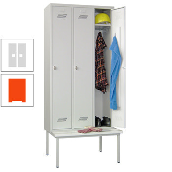 Spindschrank mit Sitzbank - 3 Fächer a 400 mm - 2.150x1.200x800 mm (HxBxT) - Drehriegel - reinorange/lichtgrau RAL 7035 Lichtgrau | RAL 2004 Reinorange