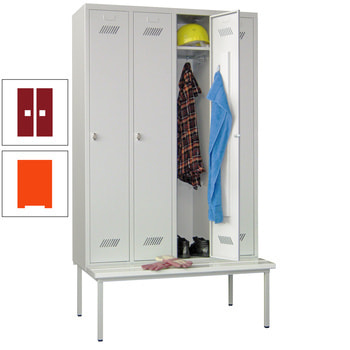 Spindschrank mit Sitzbank - 4 Fächer a 300 mm - 2.150x1.200x800 mm (HxBxT) - Zylinderschloss - reinorange/rubinrot RAL 3003 Rubinrot | RAL 2004 Reinorange